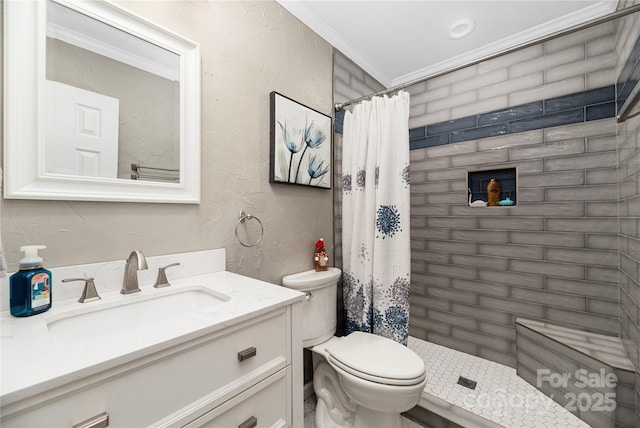 bathroom featuring ornamental molding, toilet, vanity, and a shower with curtain