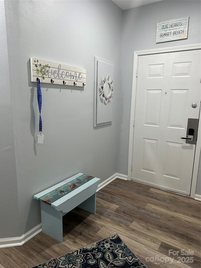 foyer entrance with dark wood-style flooring and baseboards