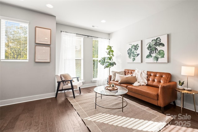 living room with plenty of natural light and dark wood-type flooring