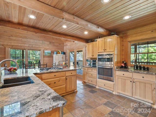 kitchen featuring beamed ceiling, appliances with stainless steel finishes, plenty of natural light, and wooden walls