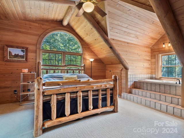 carpeted bedroom featuring wooden walls, wooden ceiling, and multiple windows