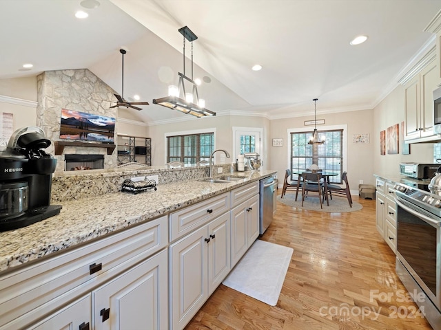 kitchen featuring light wood-type flooring, stainless steel appliances, sink, a fireplace, and hanging light fixtures