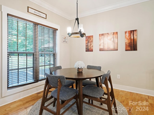 dining space featuring a healthy amount of sunlight, crown molding, and wood-type flooring