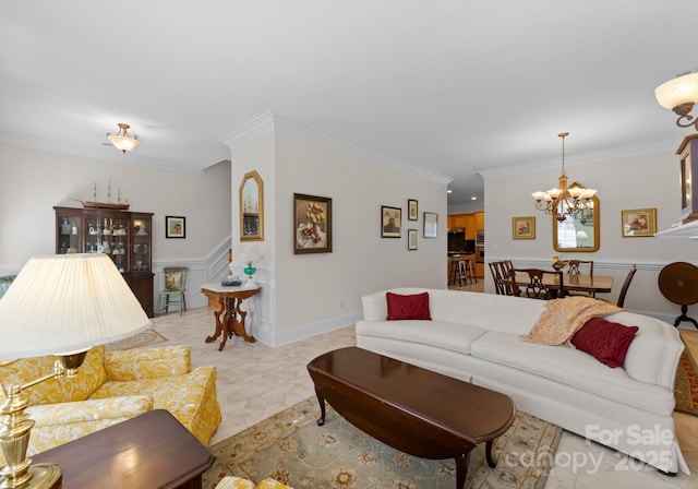 living room with light tile patterned floors, crown molding, and an inviting chandelier