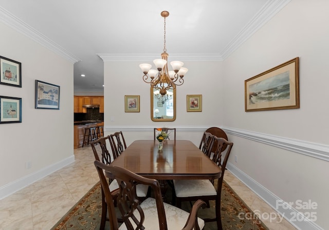 dining area featuring light tile patterned floors, a chandelier, and ornamental molding