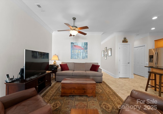 tiled living room featuring ceiling fan and crown molding