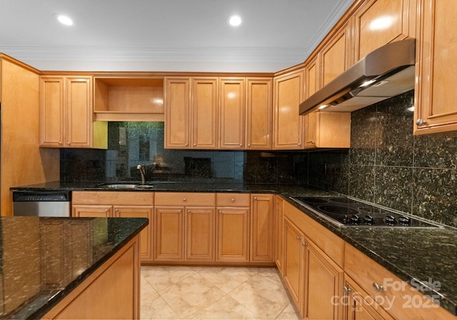 kitchen featuring black electric stovetop, ventilation hood, dark stone countertops, and sink