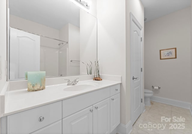 bathroom with walk in shower, tile patterned flooring, vanity, and toilet