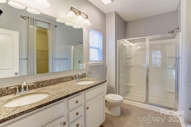 bathroom featuring tile patterned flooring, a shower with door, and toilet