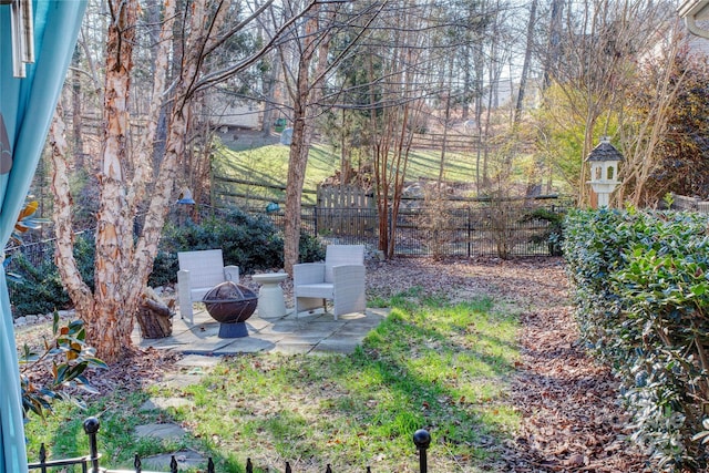 view of yard featuring a patio and an outdoor fire pit