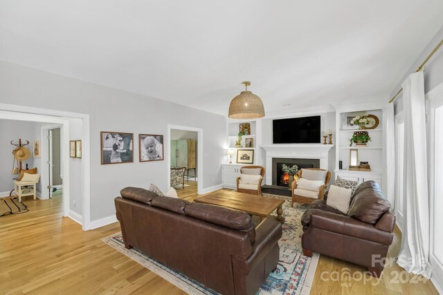 living room with built in features and light hardwood / wood-style floors