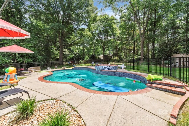 view of pool featuring a jacuzzi and a patio