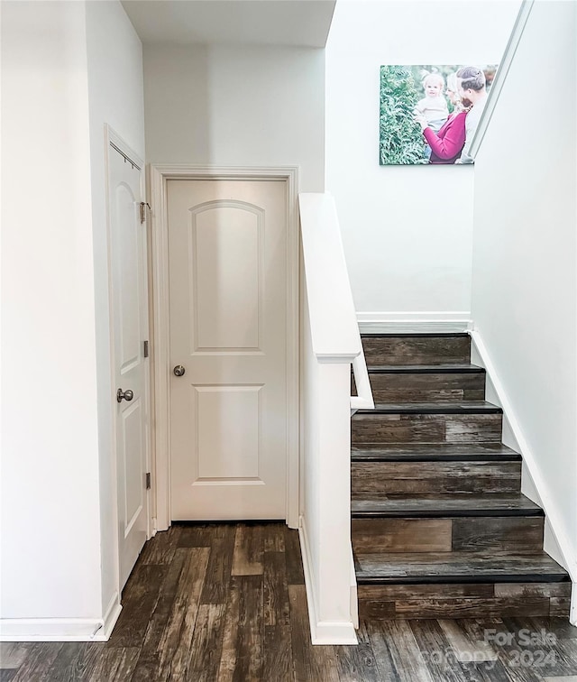 staircase with hardwood / wood-style flooring