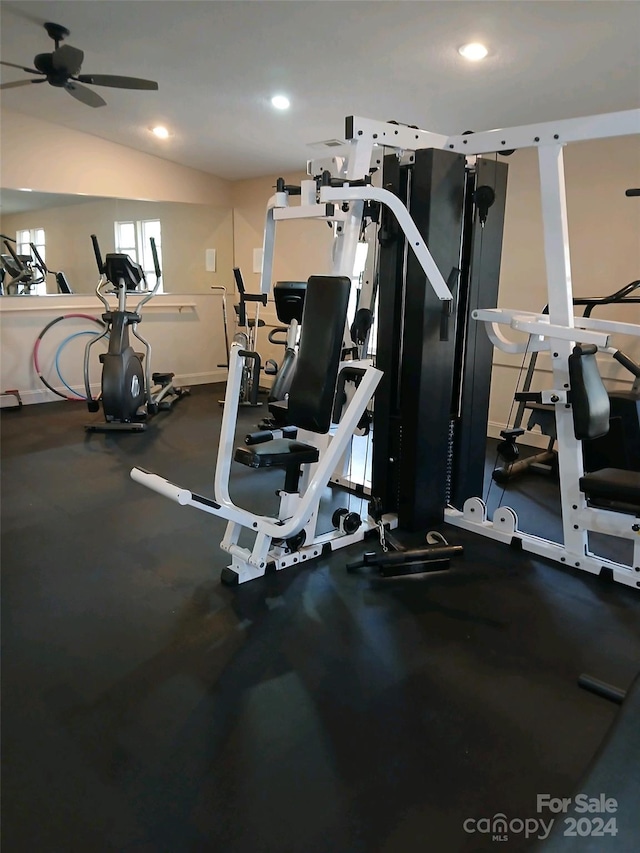 workout area featuring lofted ceiling and ceiling fan