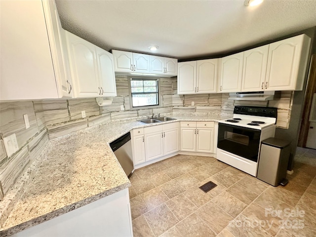 kitchen featuring white range with electric stovetop, tasteful backsplash, a sink, dishwasher, and under cabinet range hood