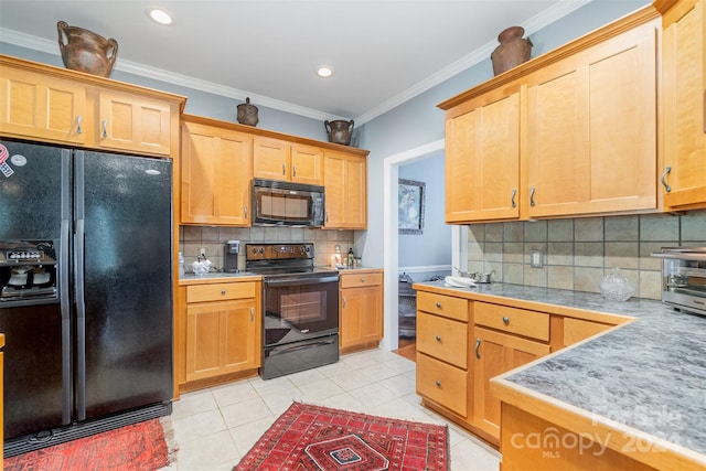 kitchen featuring light tile patterned flooring, black appliances, crown molding, and decorative backsplash