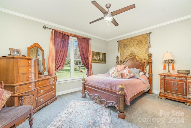 carpeted bedroom with ornamental molding and ceiling fan