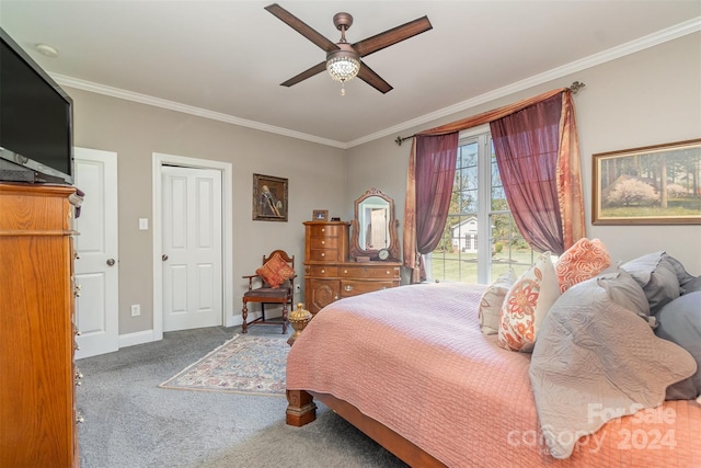 bedroom featuring crown molding, ceiling fan, and carpet