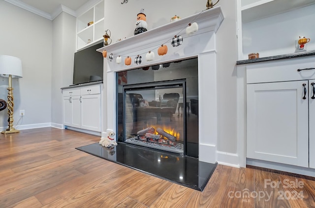 room details with hardwood / wood-style floors and crown molding