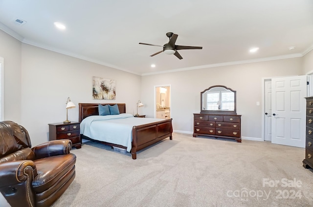 carpeted bedroom featuring ornamental molding, connected bathroom, and ceiling fan