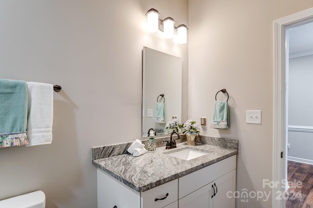 bathroom with vanity, hardwood / wood-style flooring, and toilet