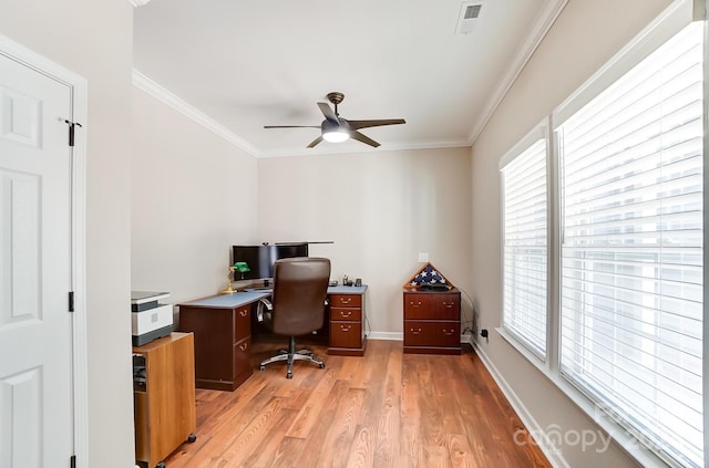 home office with a wealth of natural light, ornamental molding, light wood-type flooring, and ceiling fan