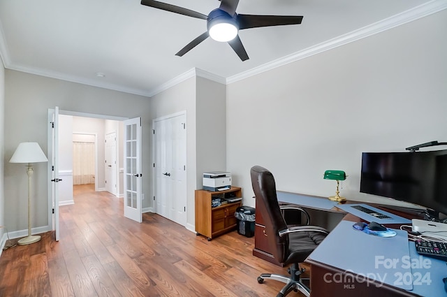 office space with hardwood / wood-style floors, crown molding, french doors, and ceiling fan