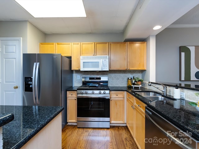 kitchen featuring tasteful backsplash, appliances with stainless steel finishes, light hardwood / wood-style flooring, dark stone countertops, and sink