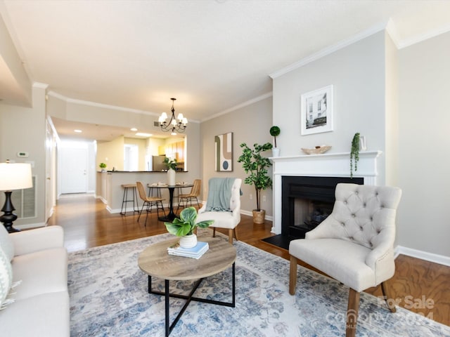 living room featuring crown molding, hardwood / wood-style flooring, and a chandelier