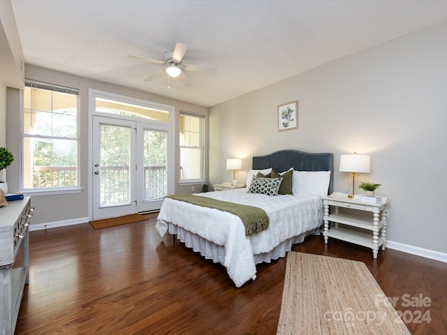 bedroom with ceiling fan, access to exterior, and dark hardwood / wood-style flooring