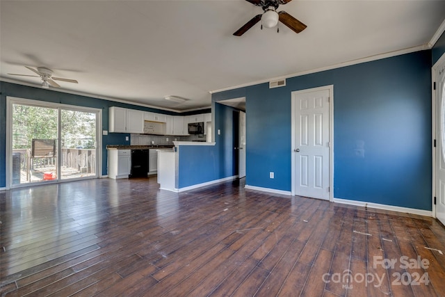 unfurnished living room featuring ceiling fan, ornamental molding, and dark wood-type flooring