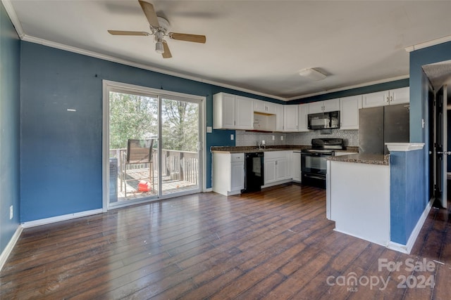 kitchen featuring tasteful backsplash, crown molding, dark wood-type flooring, black appliances, and white cabinetry