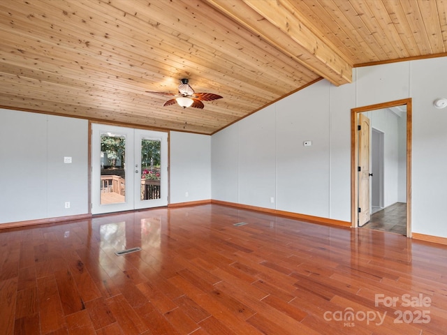 unfurnished room featuring ceiling fan, wood ceiling, lofted ceiling with beams, french doors, and wood finished floors