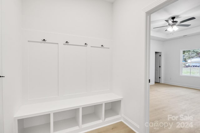 mudroom with ceiling fan and hardwood / wood-style floors