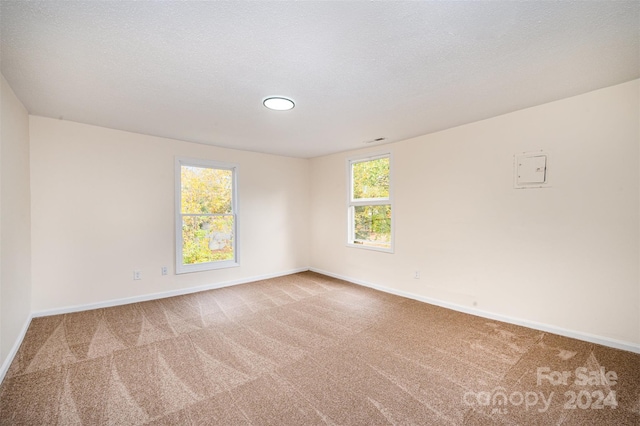 carpeted empty room featuring a textured ceiling