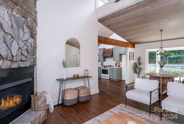 living room with a fireplace, wooden ceiling, high vaulted ceiling, and dark hardwood / wood-style flooring