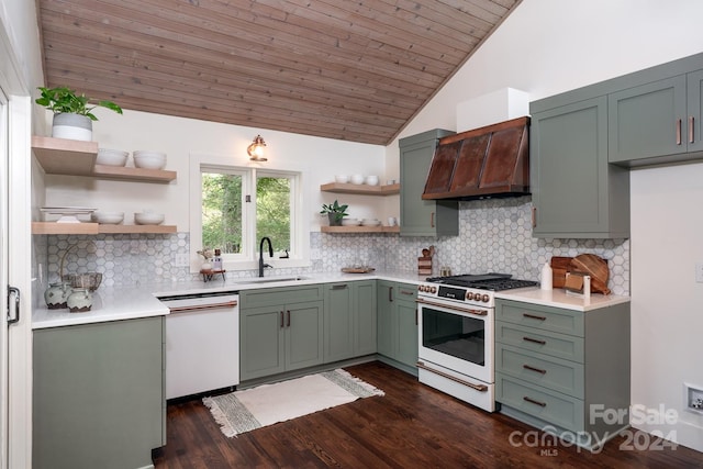 kitchen featuring sink, white appliances, dark wood-type flooring, custom range hood, and decorative backsplash