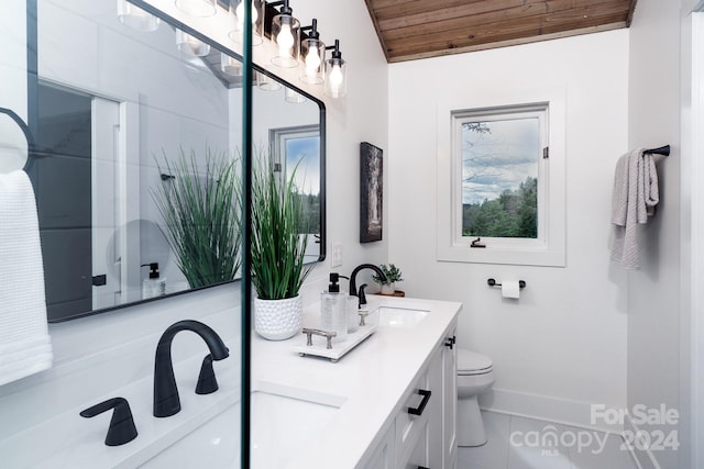 bathroom with wooden ceiling, tile patterned floors, vanity, and toilet