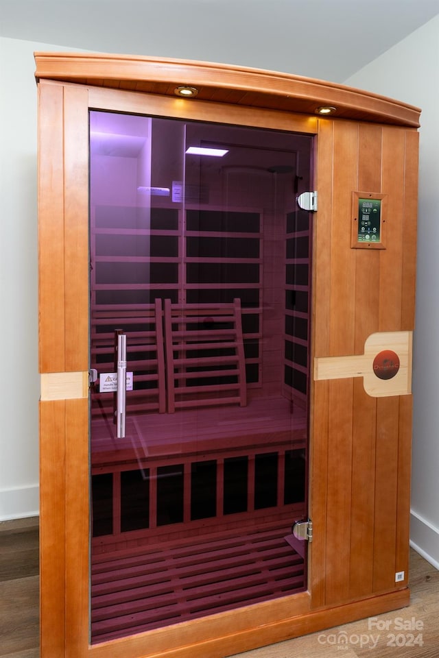 view of sauna with wood-type flooring