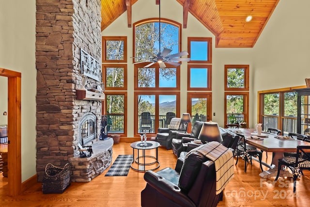 living room with wood ceiling, high vaulted ceiling, and a wealth of natural light