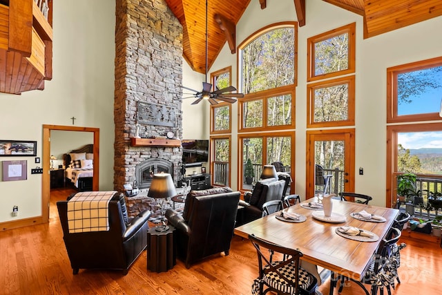 living room with a healthy amount of sunlight, high vaulted ceiling, wood-type flooring, and a fireplace