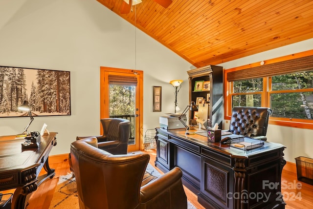 office area featuring high vaulted ceiling, wooden ceiling, light wood-type flooring, and ceiling fan