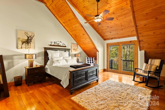 bedroom featuring beam ceiling, hardwood / wood-style floors, access to exterior, and wooden ceiling