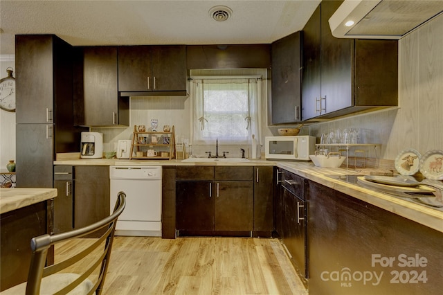 kitchen with light hardwood / wood-style flooring, sink, dark brown cabinets, and white appliances