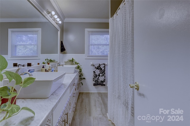 bathroom with vanity, crown molding, and hardwood / wood-style flooring