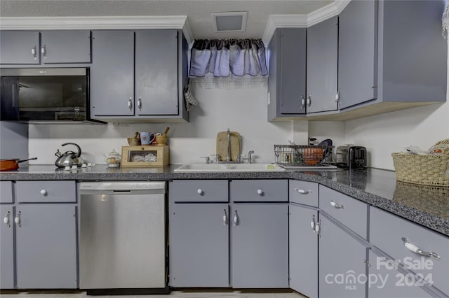 kitchen with a textured ceiling, stainless steel dishwasher, gray cabinets, crown molding, and sink