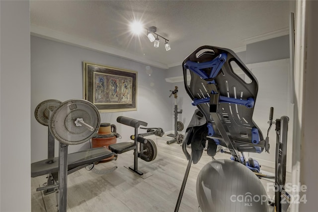 workout area with ornamental molding, a textured ceiling, hardwood / wood-style flooring, and track lighting