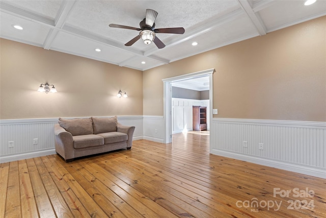 2720 Lentz Rd, China Grove, NC 28023 - living area featuring a wainscoted wall, recessed lighting, light wood-style floors, coffered ceiling, and beamed ceiling