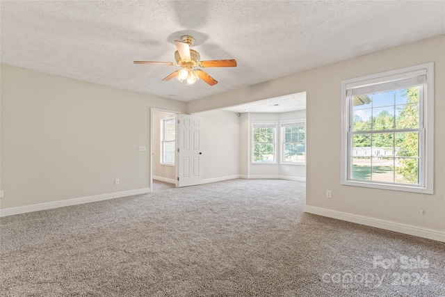 empty room featuring carpet floors, a textured ceiling, plenty of natural light, and ceiling fan