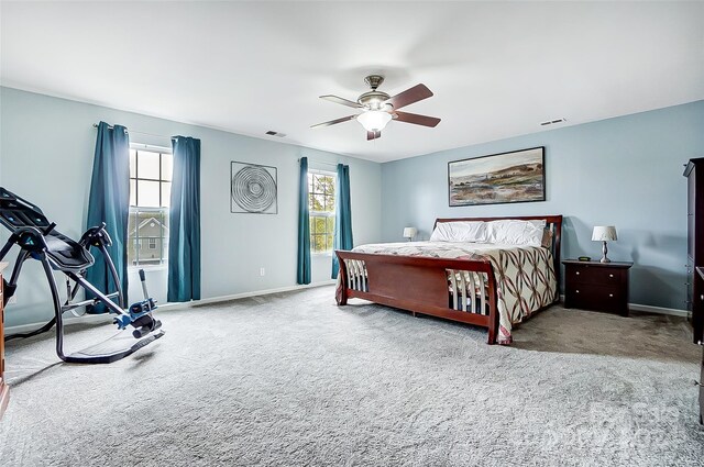 bedroom with ceiling fan, multiple windows, and carpet